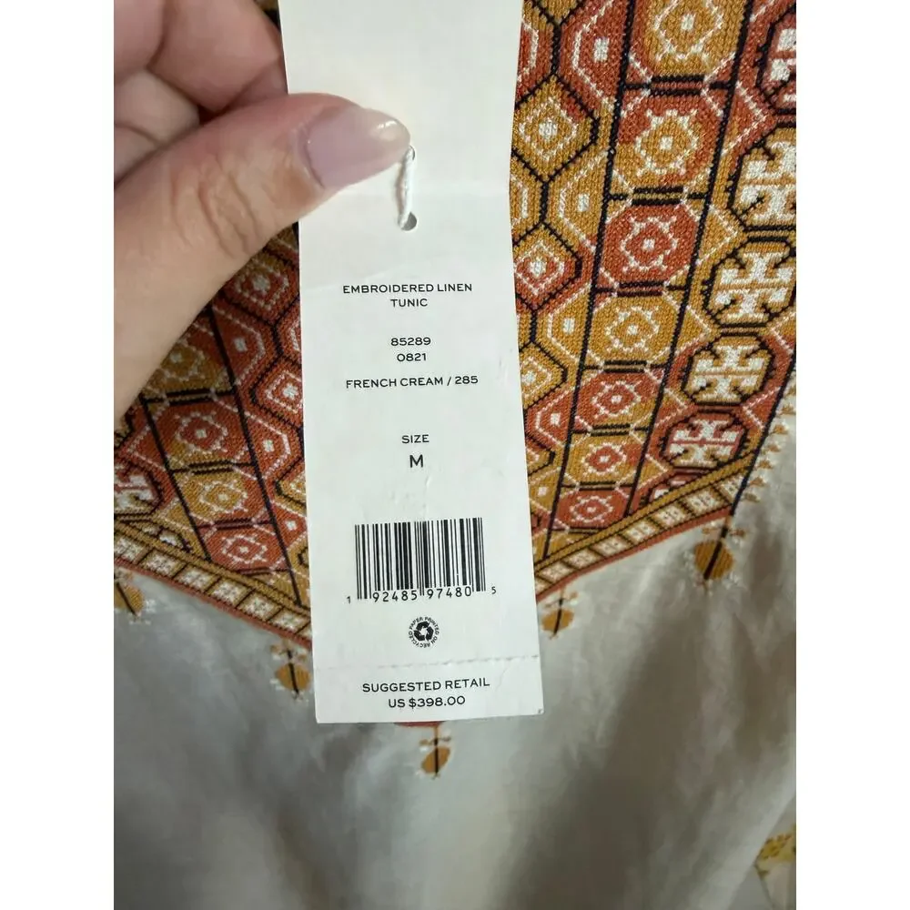 Tory Burch Embroidered Linen Tunic Mini Dress French Cream Women's Size M NWT